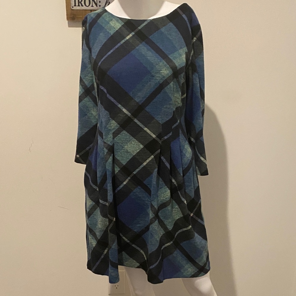 Connected Apparel Blue and Black Plaid Long Sleeve Dress